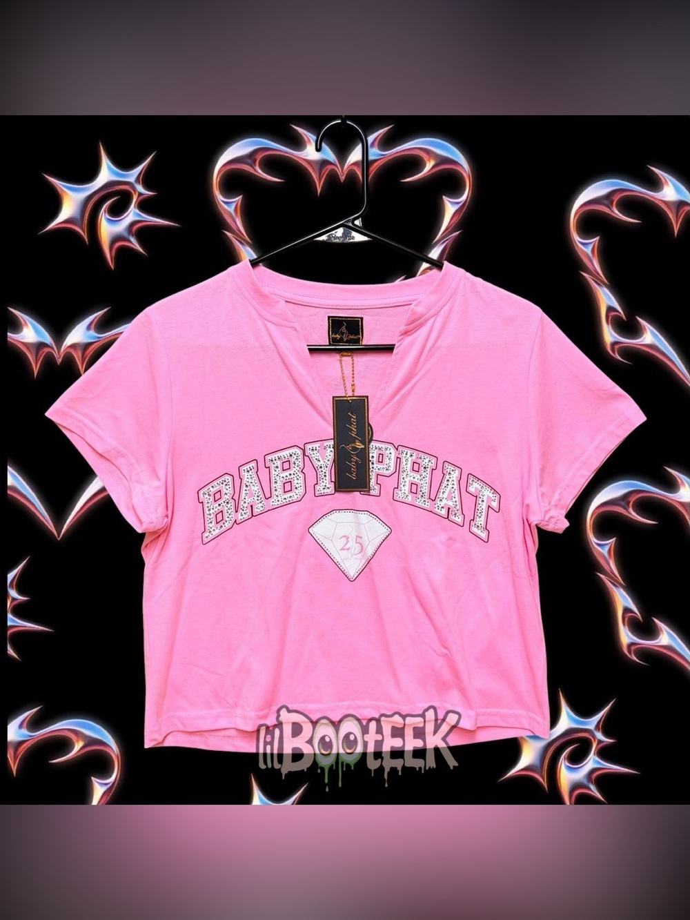 Baby Phat LG Pink Rhinestone Crop Top V-Neck 25 Year Limited Edition Y2K